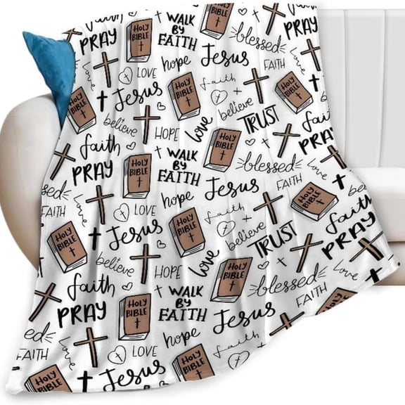 Yippzo Soft Christian Bible Jesus Throw Blanket, Inspirational Scripture & Cross Flannel, Cozy All-Season Decor, Thoughtful Thanksgiving Easter Gift