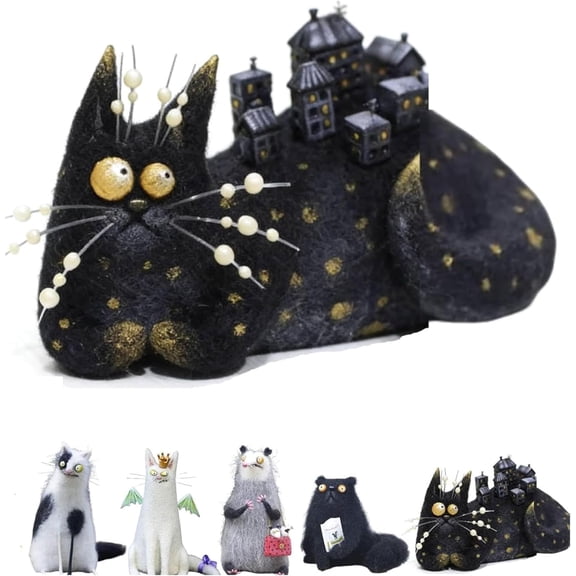 Yippzo Wool Felt Familiars - Quirky Handmade Companion, Wide-Eyed Weird Cute Felted Companions, Big-Eyed Cat & Opossum Figurines, Palm-Sized Desk Companions