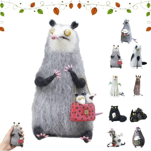 Yippzo Wool Felt Familiars – Quirky Handmade Companions, Anxious Mother Opossum, Wool Cat Figurines Tabletop Decor, Cute Big-Eyed Panicked Weirdo