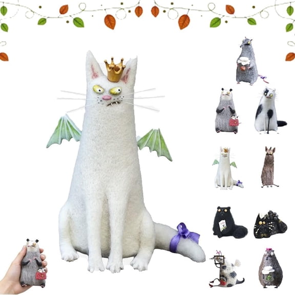 Yippzo Wool Felt Familiars – Quirky Handmade Companions, Anxious Mother Opossum, Wool Cat Figurines Tabletop Decor, Cute Big-Eyed Panicked Weirdo