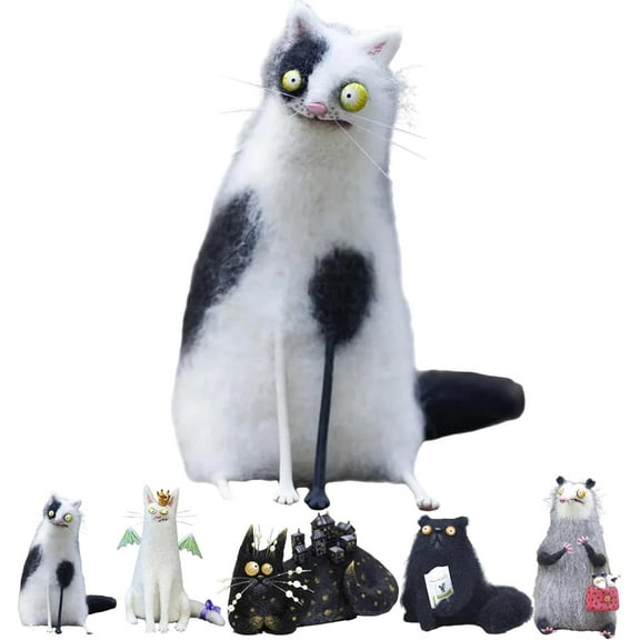 Yippzo Wool Felt Familiars - Quirky Handmade Companions, Handmade Felted Animal Companions, Big-Eyed Cat & Opossum Figurines, Ugly cat Ornament with Strange Expression