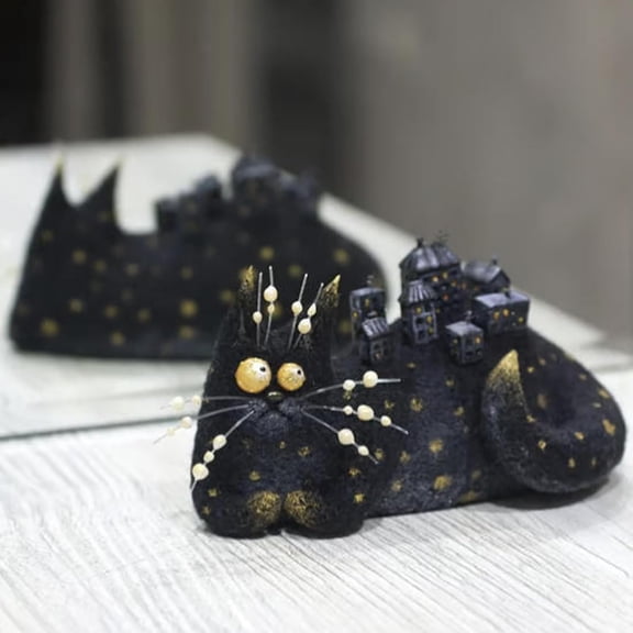 Yippzo Wool Felt Familiars – Quirky Handmade Companions, Quirky Handmade Wide-Eyed Cat Figurines, Soft Needle-Felted Desk/Shelf Decors for Cat Lovers/Collectorc