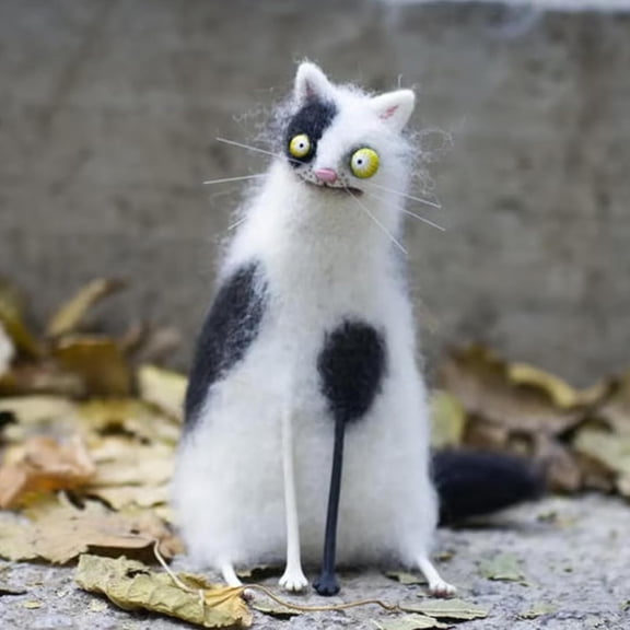 Yippzo Wool Felt Familiars – Quirky Handmade Companions, Quirky Handmade Wide-Eyed Cat Figurines, Soft Needle-Felted Desk/Shelf Decors for Cat Lovers/Collectorc