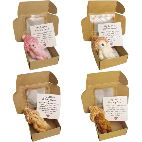Yippzo Worry Bear in a Box - Care Bear Inspired Worry Dolls, 4Pcs Mini Pocket Hug Plush, Emotional Support Gifts for Friends, Family, Valentines Day