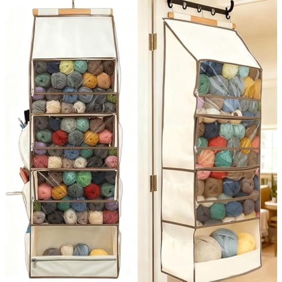 Yippzo Yarn Heaven Storage Bag  Large Capacity Hanging Yarn Storage Organizer with 4 Clear Zipper Closure Compartments Pockets & 3 Side Crochet Needles Pockets, for Crafters