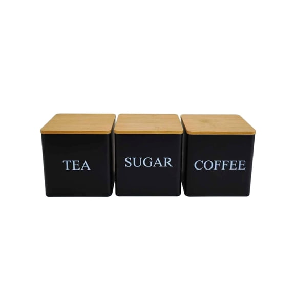 Yiran 3-Piece Set Black Short Square Iron Cans with Bamboo Lids