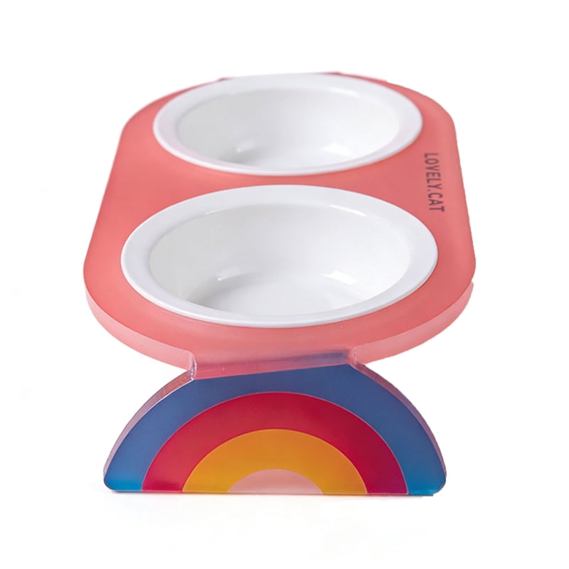 Yiran Ceramic Double Cat Bowl with Rainbow Stand, Pink
