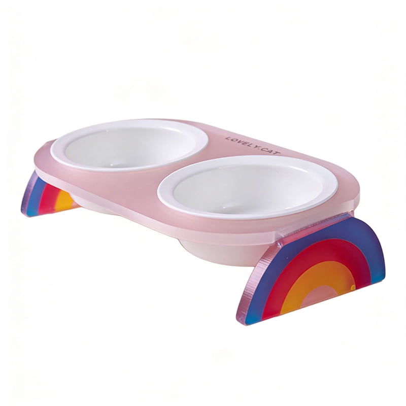 Yiran Ceramic Double Cat Bowl with Rainbow Stand, Transparent