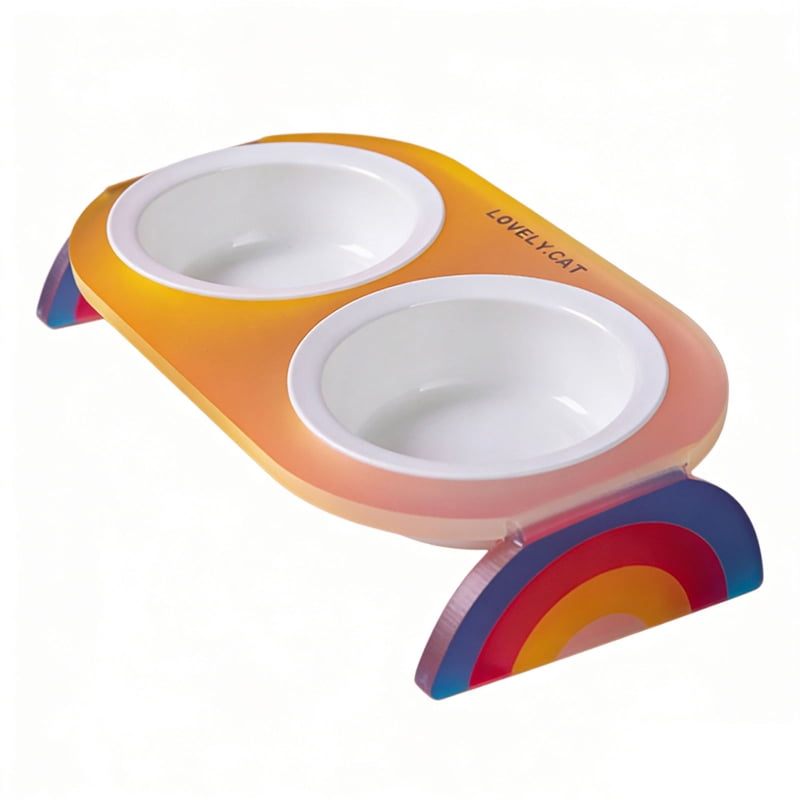 Yiran Ceramic Double Cat Bowl with Rainbow Stand, Yellow