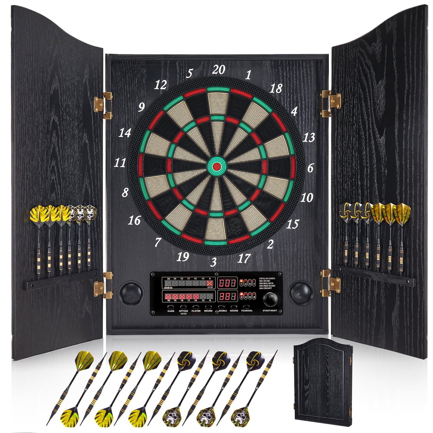 Yirinatek Electronic Dart Board, Decorative Dart Board Cabinet Set for Adults [12*Bronze Soft Tip Darts] [Cricket Game Mode]- Wooden Electric Dartboard Cabinet for Family Game Rooms [Black]