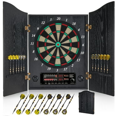 Yirinatek Electronic Dart Board, Decorative Dart Board Cabinet Set for Adults [12*Bronze Soft Tip Darts] [Cricket Game Mode]- Wooden Electric Dartboard Cabinet for Family Game Rooms [Black]