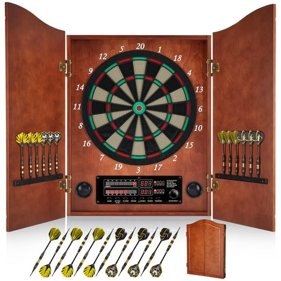 Yirinatek Electronic Dart Board, Decorative Dart Board Cabinet Set for Adults [12*Bronze Soft Tip Darts] [Cricket Game Mode]- Wooden Electric Dartboard Cabinet for Family Game Rooms [Apricot]