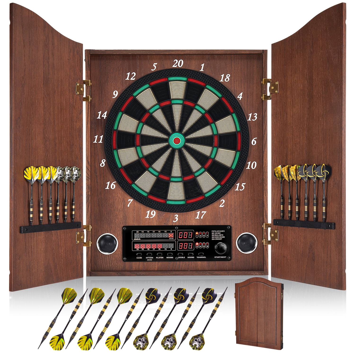 Yirinatek Electronic Dart Board, Decorative Dart Board Cabinet Set for Adults [12*Bronze Soft Tip Darts] [Cricket Game Mode]- Wooden Electric Dartboard Cabinet for Family Game Rooms [Coffee]
