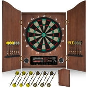 Yirinatek Electronic Dart Board, Decorative Dart Board Cabinet Set for Adults [12*Bronze Soft Tip Darts] [Cricket Game Mode]- Wooden Electric Dartboard Cabinet for Family Game Rooms [Coffee]