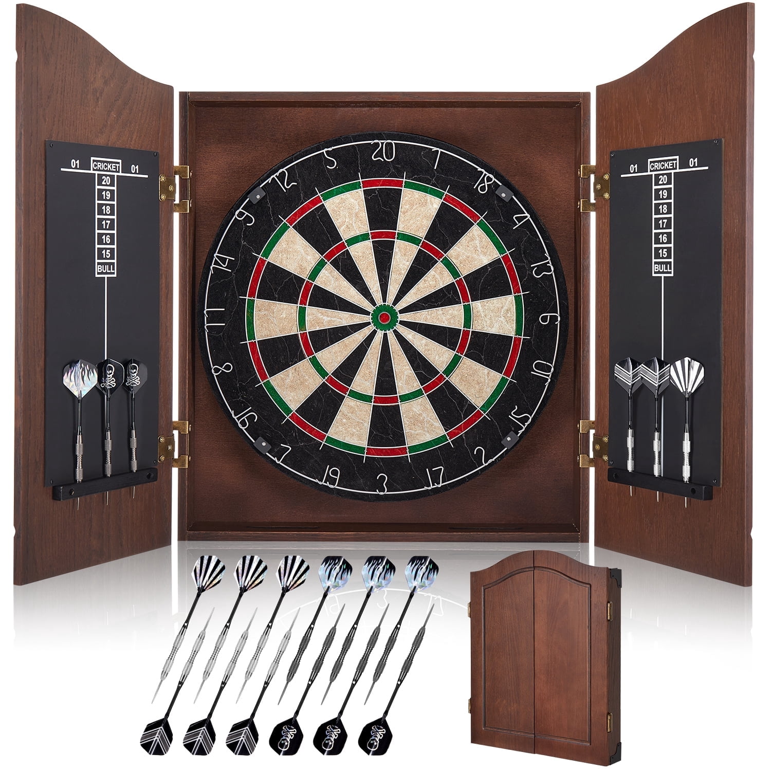 Yirinatek Sisal Dart Board Cabinet Sets, Decorative Dart Boards for Adults [12*Steel Darts] - Wooden Dartboard Cabinet with Integrated Scoreboard for Family Game Rooms [Coffee]