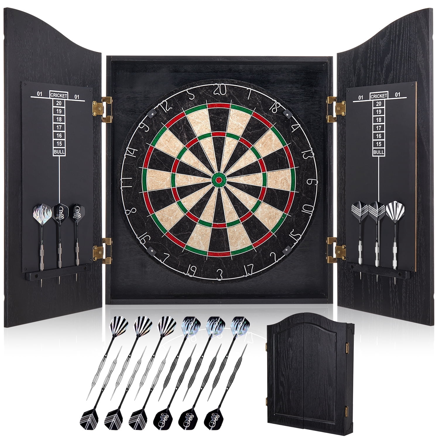 Yirinatek Sisal Dart Board Cabinet Sets, Decorative Dart Boards for Adults [12*Steel Darts] - Wooden Dartboard Cabinet with Integrated Scoreboard for Family Game Rooms [Black]