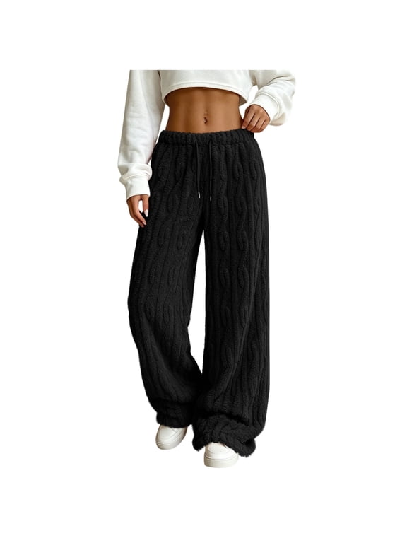 Fluffy Pajama Pants for Women Comfy Soft Fuzzy Pj Bottoms Loungewear Drawstring Fleece Sleepwear for Winter