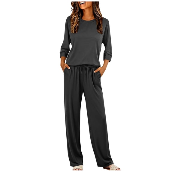 Yirov Women's 2 Piece Lounge Pajama Sets Soft 3/4 Sleeve Tops and Wide Leg Pants Loose Casual Sleepwear Outfits with Pockets(Dark Gray,Small)