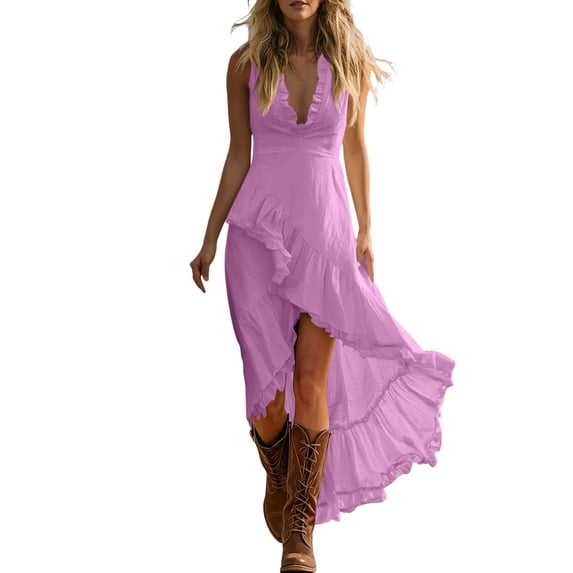Yirov Women's Western Cowgirl Country Maxi Dresses Outfit Summer Bohemian Boho Sleeveless V Neck Ruffle Hi-Lo Hem Beach Sundress