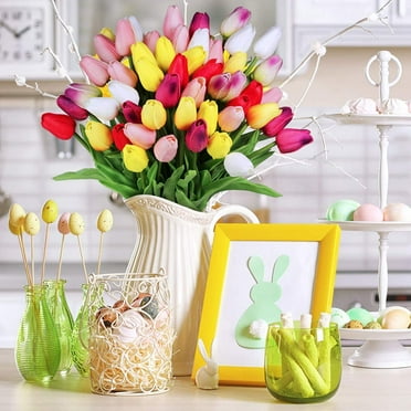 Yirtree 1 Bouquet 15 Heads Multicolor Tulips Artificial Flowers Faux Tulip Stems Real Feel PU Tulips for Easter Spring Wreath Wedding Bouquet Centerpiece Floral Arrangement Cemetery Table Décor