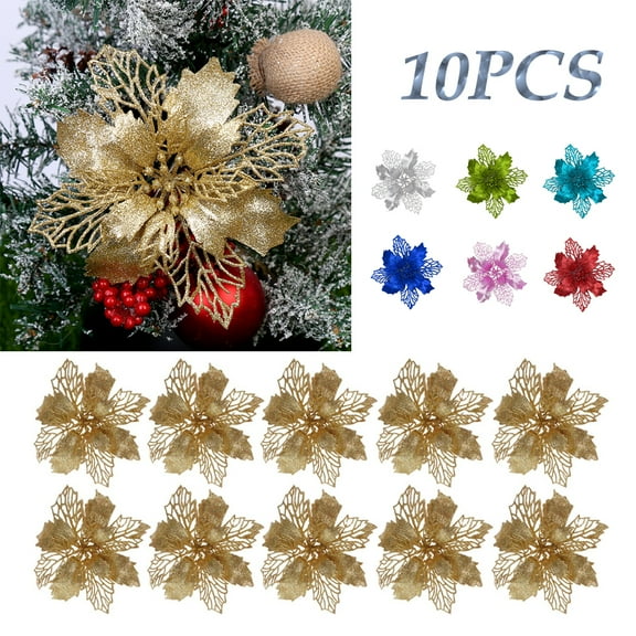 Yirtree 10 Pieces Poinsettia Artificial Christmas Flowers Decorations Xmas Tree Ornaments Red Glitter Gold Hanging Ornament Festival Xmas Window Decor