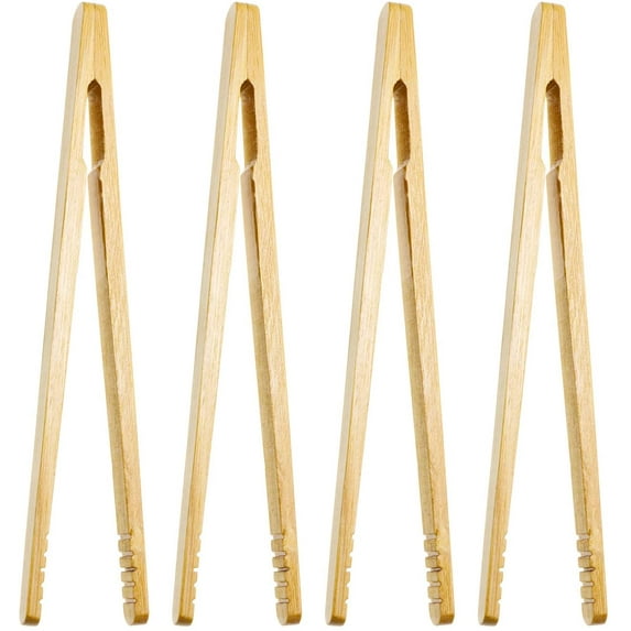 Yirtree 4Pcs Reusable Bamboo Toast Tongs - Wooden Toaster Tongs For Cooking & Holding - 8 Inch Long - Ideal Kitchen Utensil For Cheese Bacon Muffin Fruits Bread - Ultra Grip - Eco-friendly