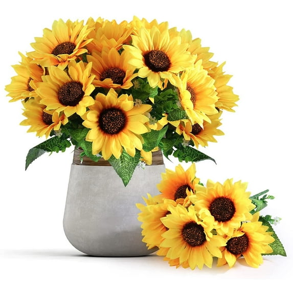 Yirtree 5 Bouquet Artificial Sunflower Heads Fake Silk Fabric Sunflowers for Wedding Party Centerpieces Home Garden Bride Holding Flowers Craft Shower Decor(Vase not included)