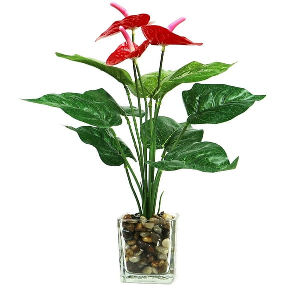 Yirtree Artificial Flower and Green Leaves Silk Plant Fake Bonsai Red Flower Greenery Small Potted Plants for Home Office Bedroom Table Centerpieces Décor(Pot not included)