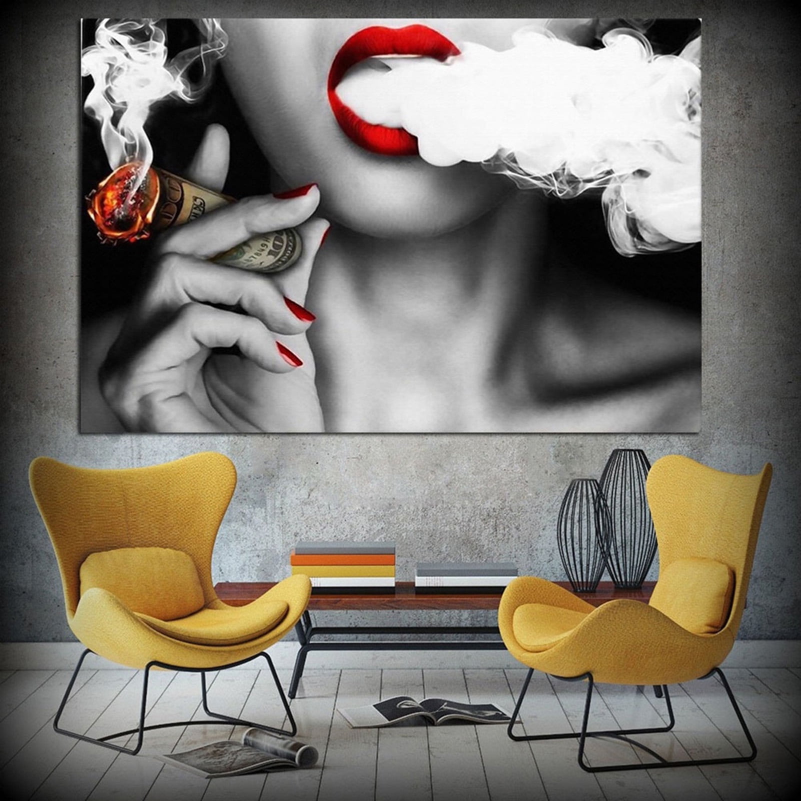 Yirtree Arts Fashion Canvas Prints Woman Smoking Wall Art Sexy Red Lips  with Burning Money Dollars Black and White Paintings Abstract Poster for  Bar Art Toilet Bathroom Walls Decor 