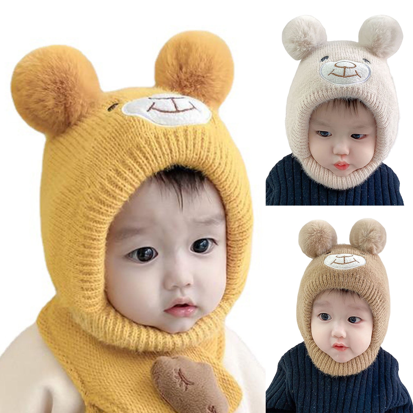 Cute Bear Knitted Winter Beanie Cap for Babies – Yellow