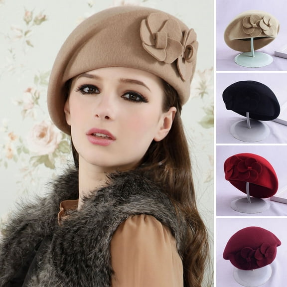 Yirtree Beret Hat Dual Flowers Decor Elegant Classic Plain Soft Keep Warm Solid Color Autumn Winter Women French Artist Cap for Outdoor