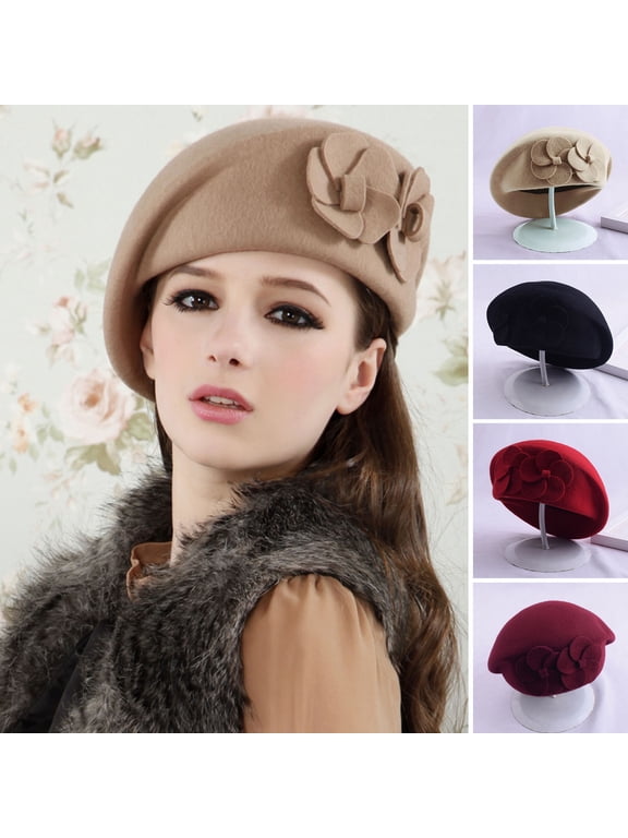 Beret Hat Dual Flowers Decor Elegant Classic Plain Soft Keep Warm Solid Color Autumn Winter Women French Artist Cap for Outdoor