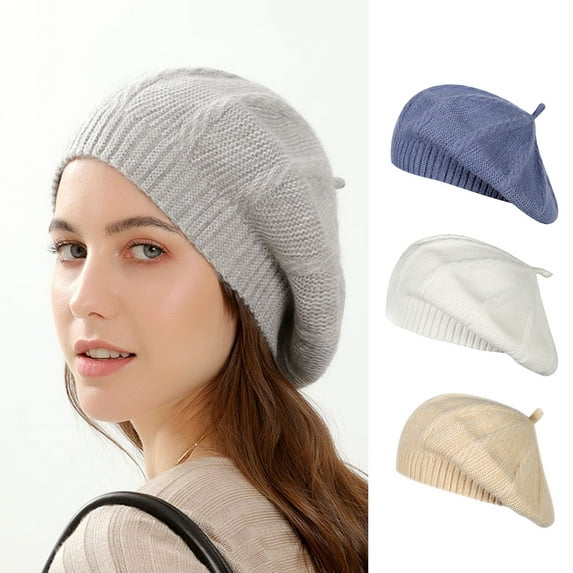 Yirtree Beret Hat French Style Beanie Cap Solid Color Winter Hat Knitted Soft Stretchy Classic Cold Resistant Solid Color Autumn Winter Women French Artist Cap for Daily