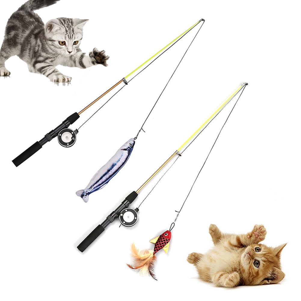 Yirtree Cat Fishing Pole Toy, Retractable wand cat toy with Reel, Cat  Fishing Rod & Feather Toy, Interactive Cat Teaser Wand Toy for Indoor Cats
