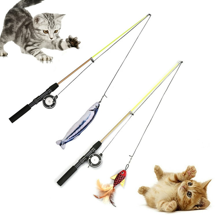 Yirtree Cat Fishing Pole Toy, Retractable Wand Cat Toy with Reel, Cat Fishing Rod & Feather Toy, Interactive Cat Teaser Wand Toy for Indoor Cats, Red