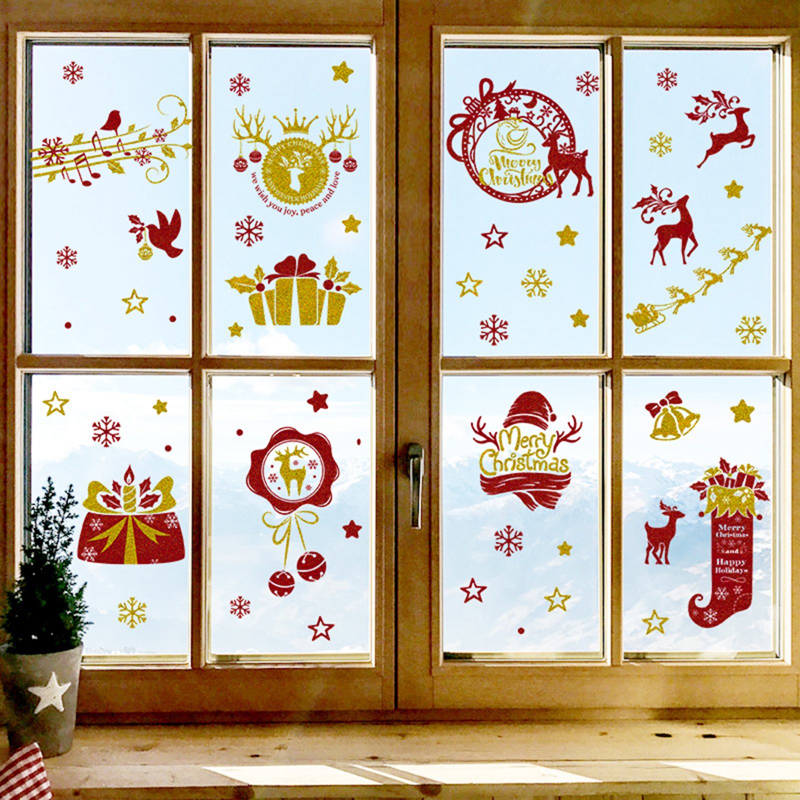 Yirtree Christmas Wall Stickers Cute Elk Bell Elf Shoes Snowflake Decal