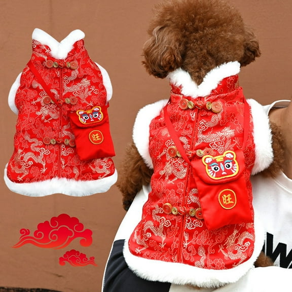 Yirtree Dog Tang Costume Blessing Pet Winter Coat Happy New Year Clothes Qipao Dresses Cat Peony Design Clothes for Schnauzer Teddy French Bulldog