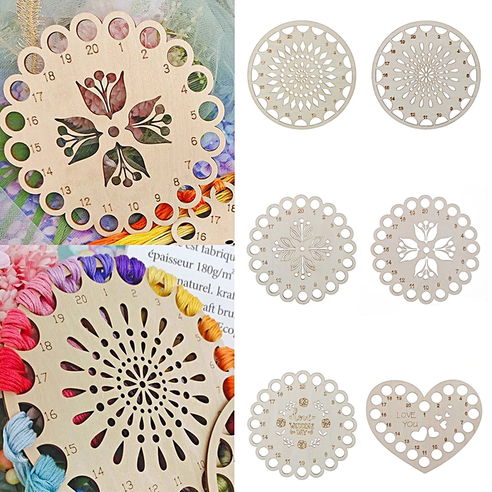 Lonjew Floral Round Thread Organizer with Needle Magnet, Filigree Wood Flower, Embroidery Sewing Floss Yarn Holder, Decorative Cross Stitch Keeper