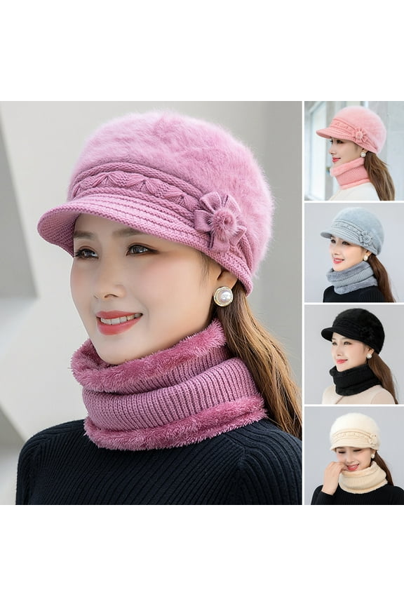Fleece Lined Womens Beanie Hat, Winter Hat Scarf Mask Set,Women's Winter Hat, Middle-Aged and Old Warm Earmuff hat