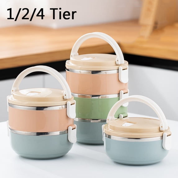 Yirtree HOME 1/2/4 Tier Stainless Steel Lunch Box Thermal Hot Leakproof Japanese Round Cylinder Stackable Solid Bento Lunch Box Bento Picnic School Food Container for Adults