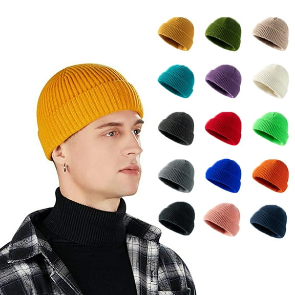 Yirtree Knit Cuff Short Fisherman Beanie for Men Women Warm Hats Thickened Cold Resistant Solid Color Autumn Winter Women Beanie Cap for Outdoor
