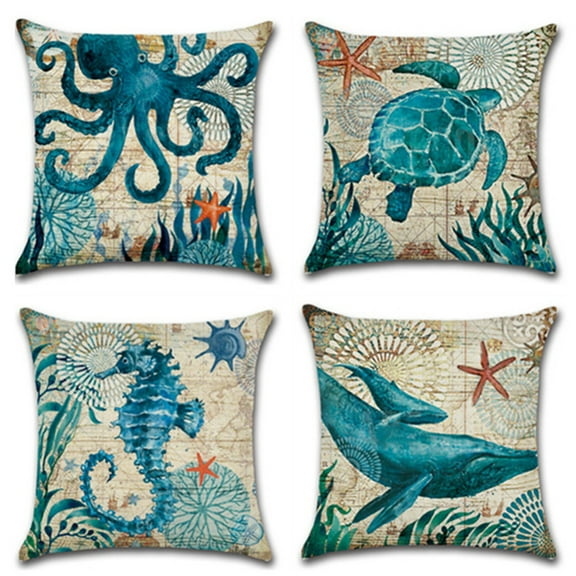 Yirtree Mediterranean Nautical Outdoor Throw Pillow Covers Beach Coastal Sea Turtle Octopus Whale Seahorse Cushion Cases Decorative Summer Ocean Decor for Couch Patio Furniture