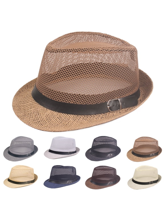 Men Fedora Wide Brim Mesh Spring Summer Pure Color Low-profile Sunshade Hat for Outdoor