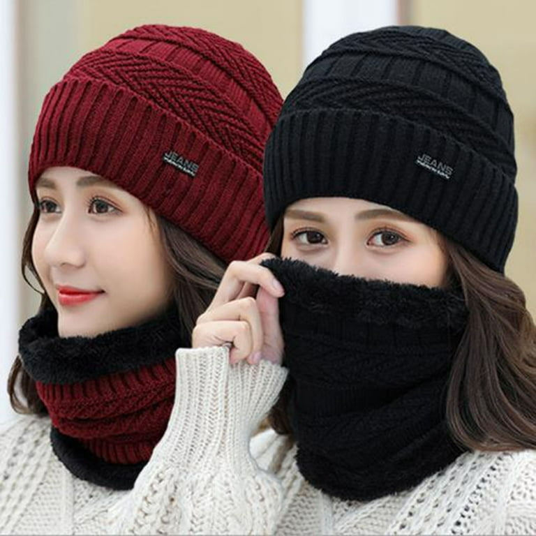 1pc f Winter Beanie Hat & Scarf Set Warm Knit Thick Fleece Lined