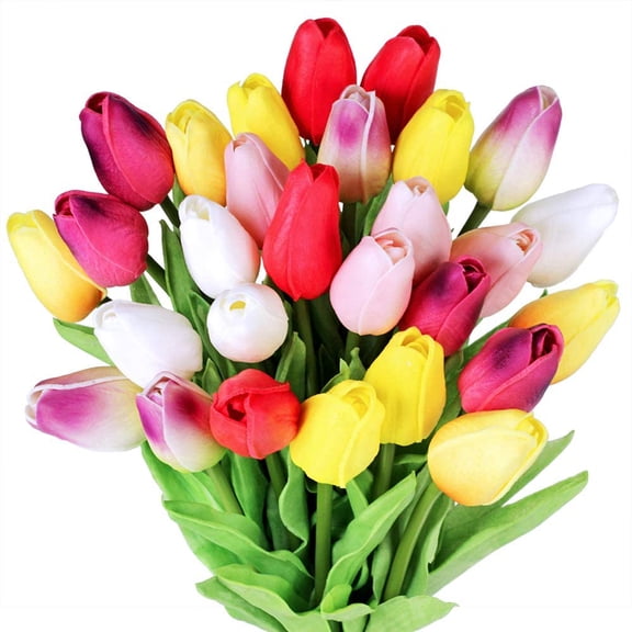 Yirtree Multicolor Tulips Artificial Flowers Faux Tulip Stems Real Feel PU Tulips for Easter Spring Wreath Wedding Bouquet Centerpiece Floral Arrangement Cemetery Table Décor 13.4" 1pc