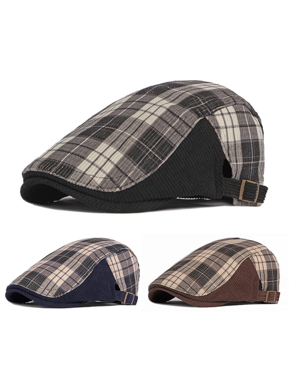 Newsboy Hats for Men Classic Plaid Print Patchwork Color Adjustable Wool Blend Flat Cap Ivy Gatsby Cabbie Driving Hat