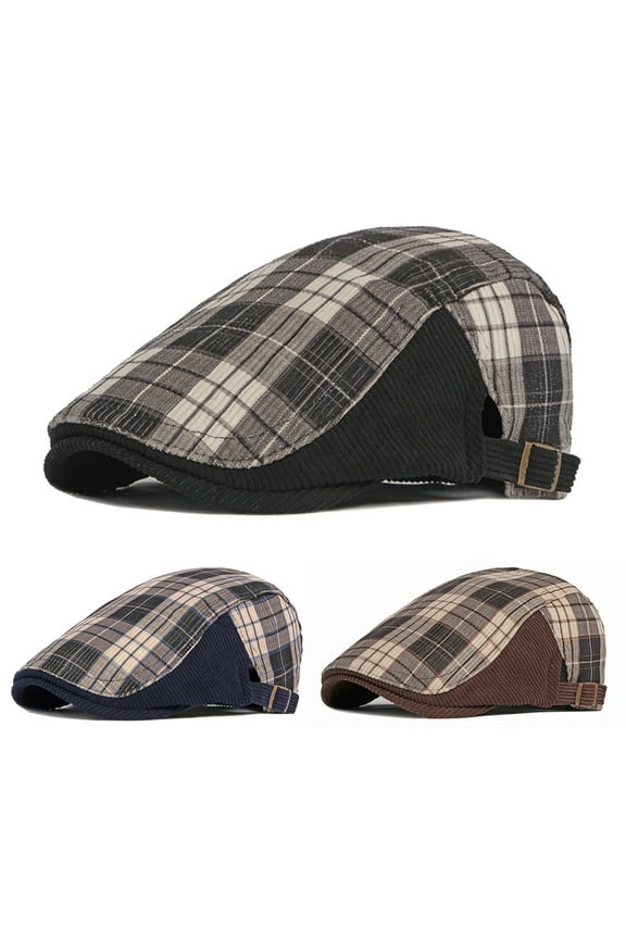 Newsboy Hats for Men Classic Plaid Print Patchwork Color Adjustable Wool Blend Flat Cap Ivy Gatsby Cabbie Driving Hat