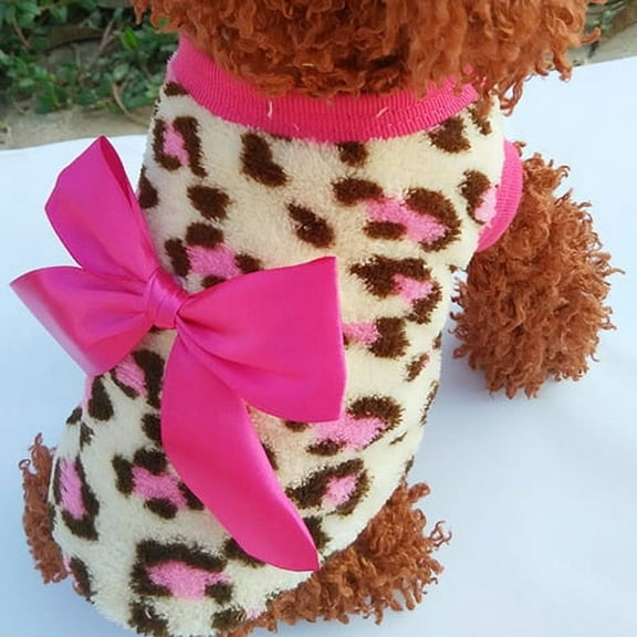 Yirtree Pet Dog Cat Leopard Bowknot Clothes Coral Fleece Puppy Clothes Apparel Costume
