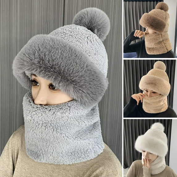 Yirtree Plush Hat Fuzzy Pompom Decor 2 in 1 Multipurpose Thickened Head Face Neck Solid Color Windproof Winter Women Neck Gaiter Warmer Cap for Vacation