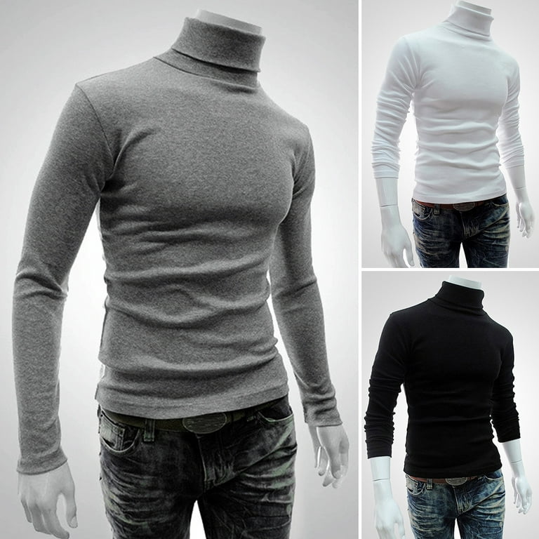 Yirtree Premium Cotton Blend Interlock Turtleneck Men T-Shirt Pullover  Sweater Solid Color Stretchy Knitted Shirt for Autumn Winter